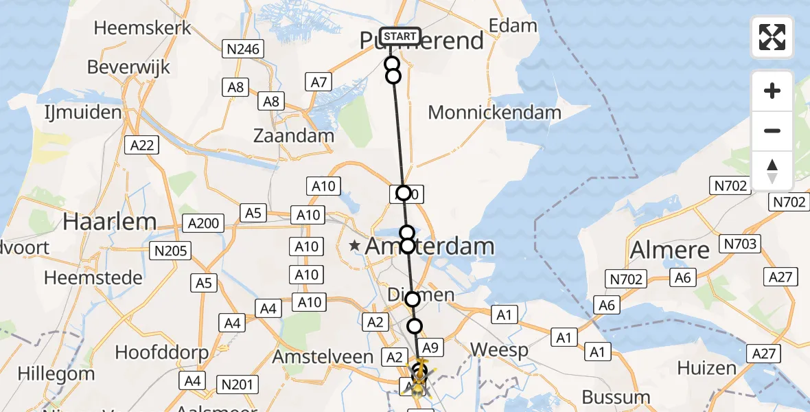 Vluchtroute Traumahelikopter van Purmerend naar Amsterdam UMC Helipad
