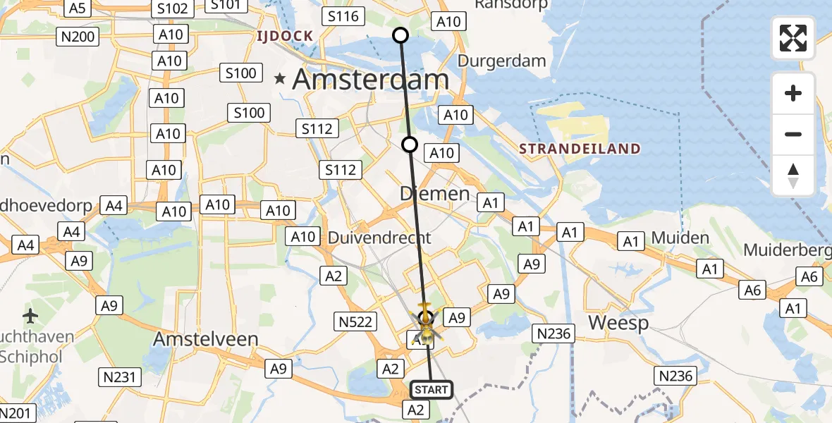 Vluchtroute Traumahelikopter van Amsterdam UMC Helipad naar Amsterdam