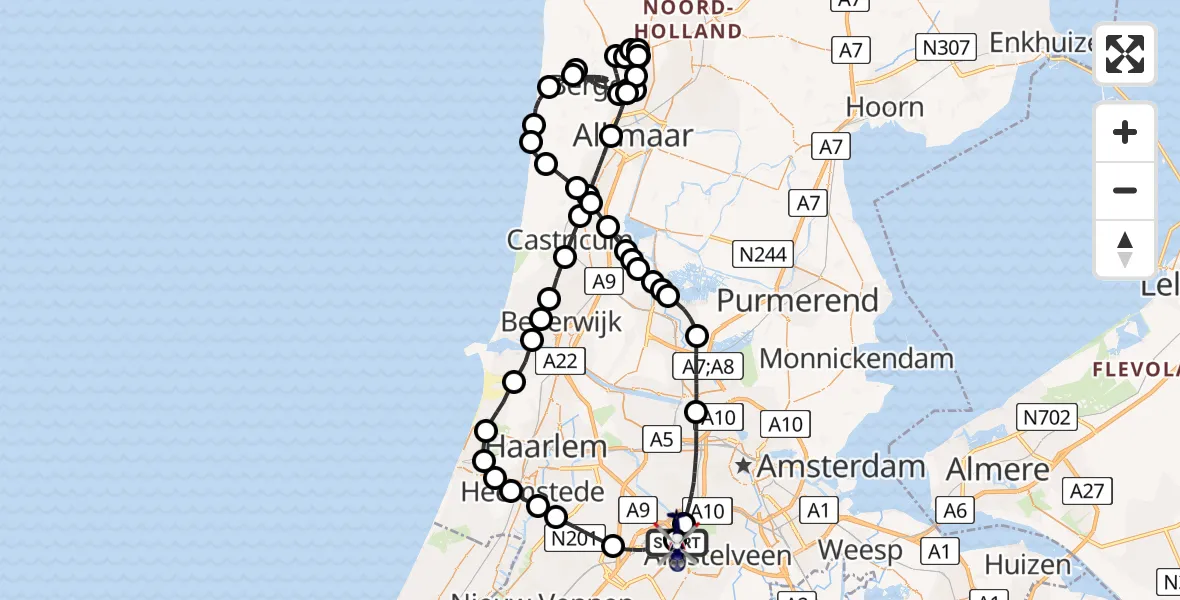 Vluchtroute Politiehelikopter van Amsterdam Vliegveld Schiphol naar Amsterdam Vliegveld Schiphol