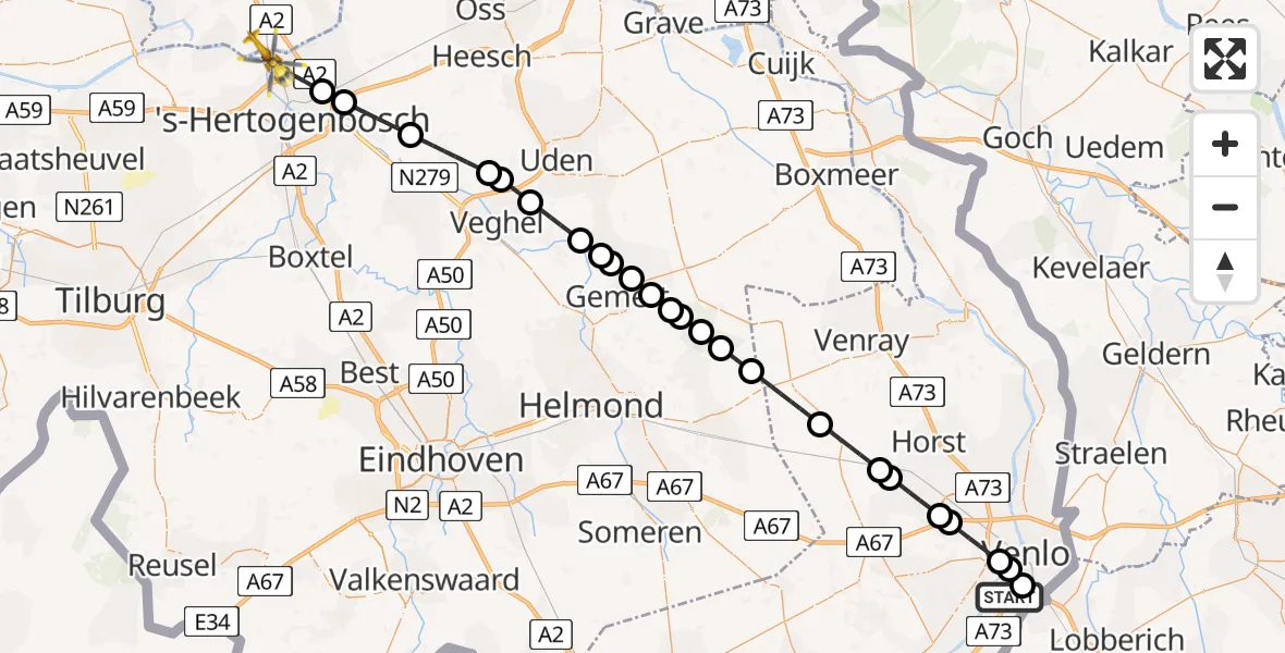 Vluchtroute Traumahelikopter van Tegelen naar 's-Hertogenbosch