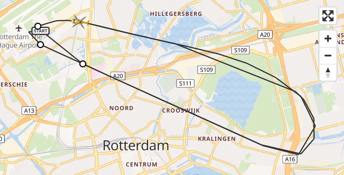 Vluchtroute Traumahelikopter van Rotterdam The Hague Airport naar Rotterdam