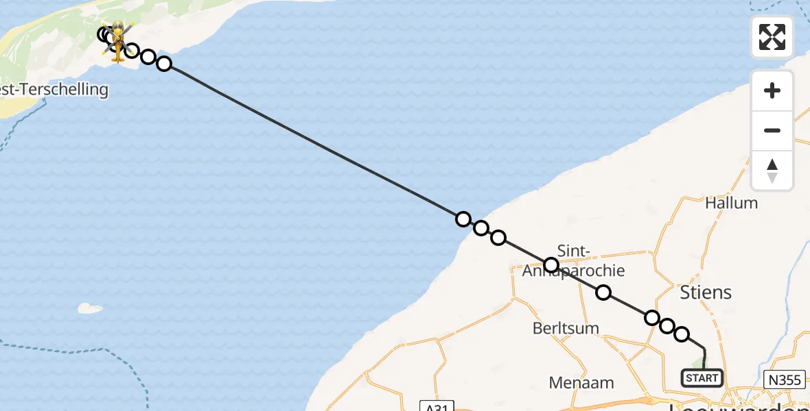 Vluchtroute Ambulancehelikopter van Vliegbasis Leeuwarden naar Terschelling Heliport