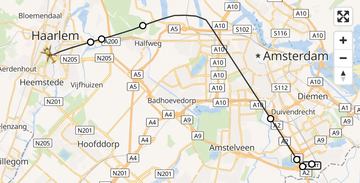 Vluchtroute Traumahelikopter van Academisch Medisch Centrum (AMC) naar Haarlem