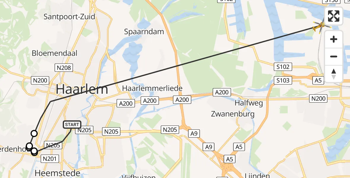 Vluchtroute Traumahelikopter van Haarlem naar Amsterdam Heliport