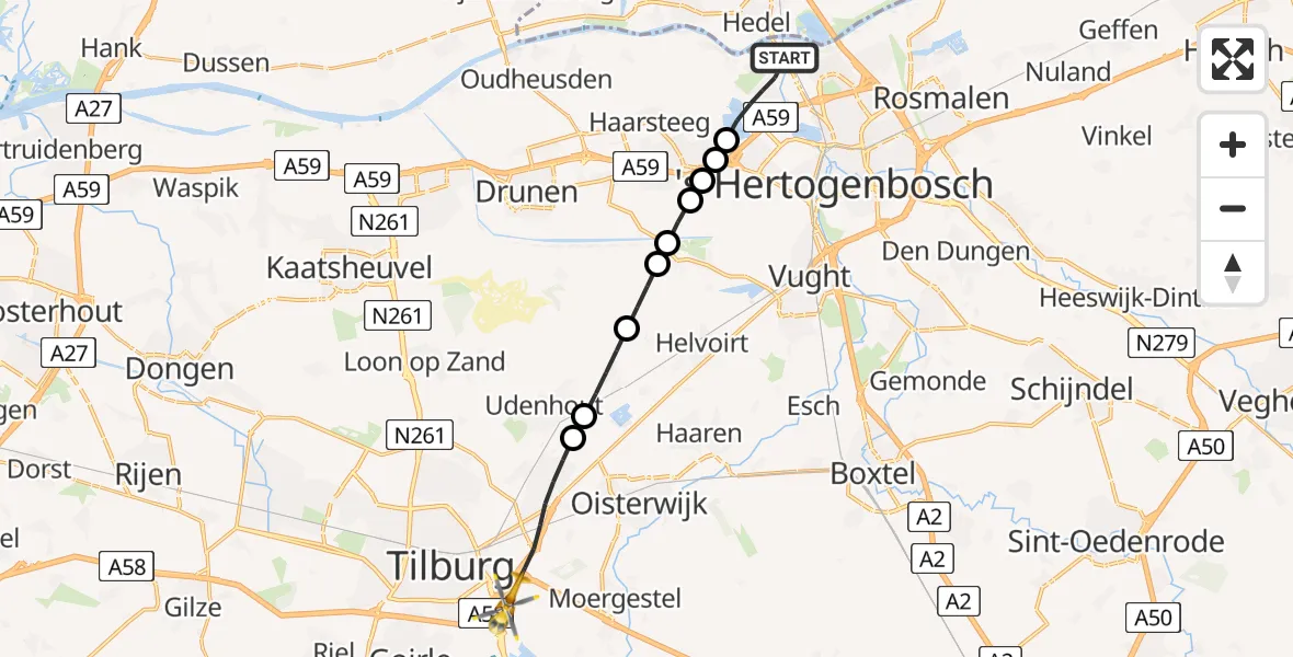 Vluchtroute Traumahelikopter van 's-Hertogenbosch naar Tilburg