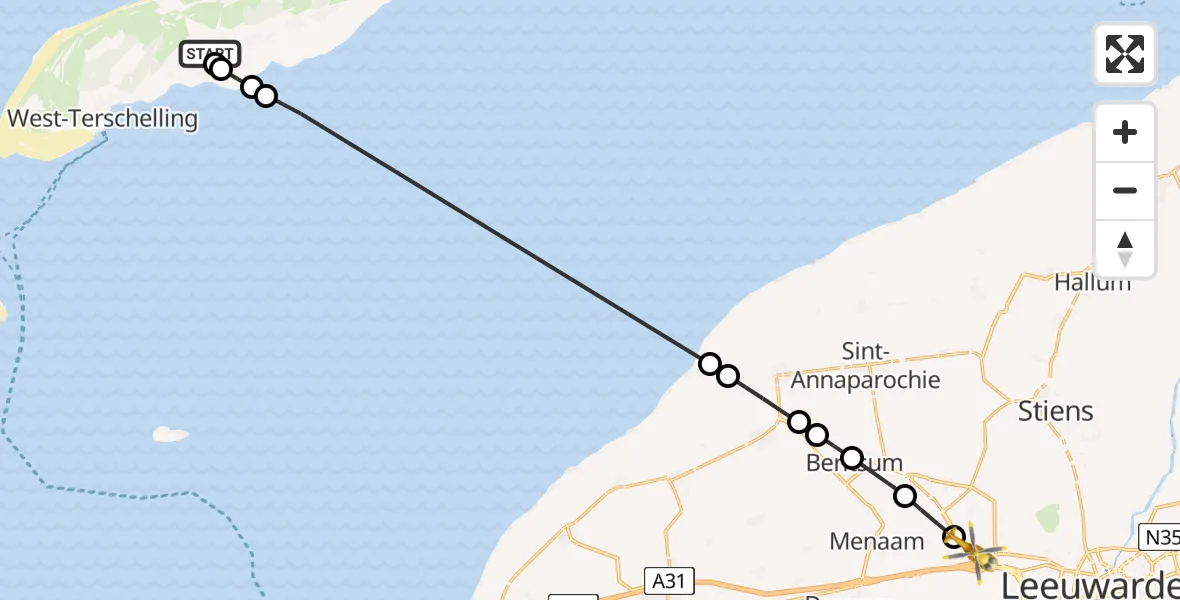 Vluchtroute Ambulancehelikopter van Terschelling Heliport naar Marsum