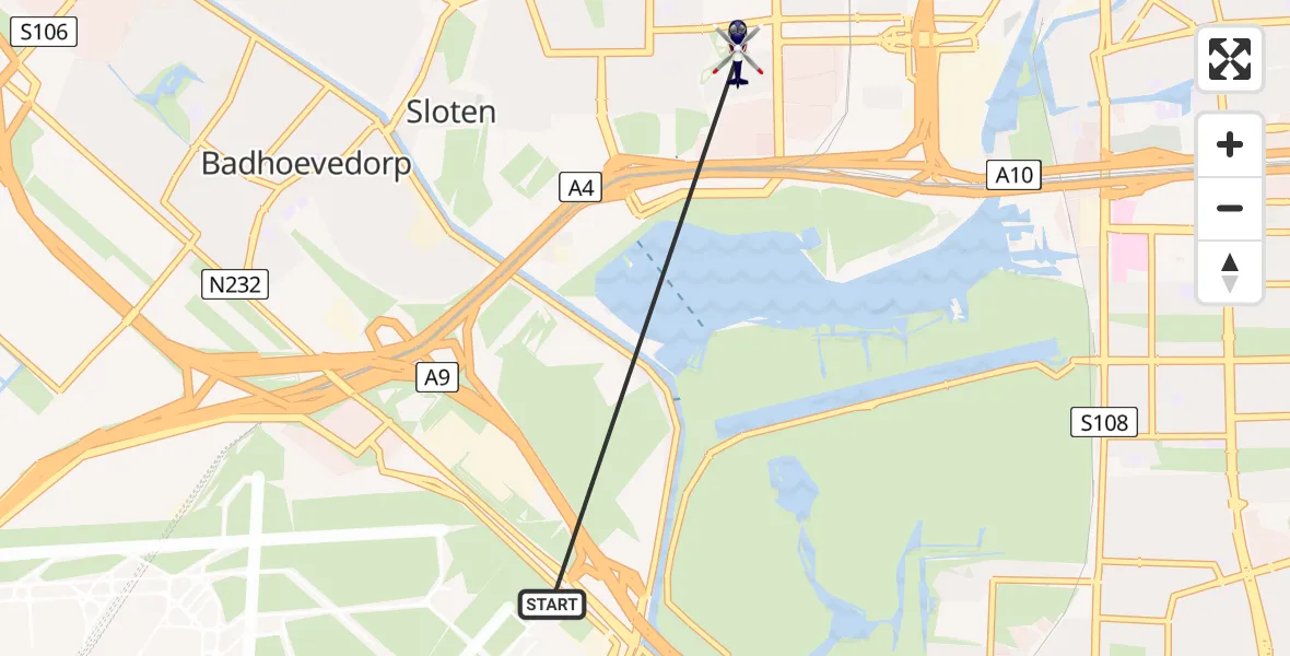 Vluchtroute Politiehelikopter van Amsterdam Vliegveld Schiphol naar Amsterdam