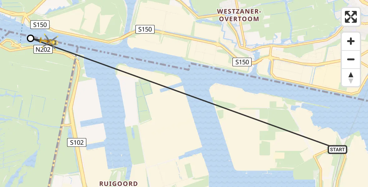 Vluchtroute Traumahelikopter van Amsterdam Heliport naar Spaarndam