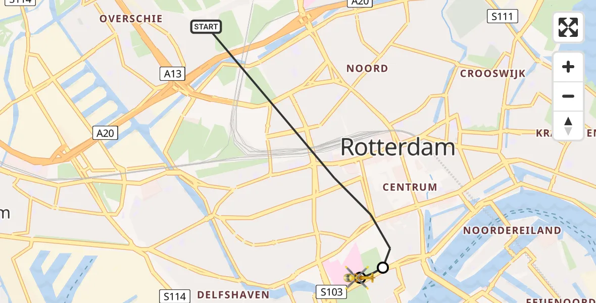 Vluchtroute Traumahelikopter van Rotterdam naar Leids Universitair Medisch Centrum (LUMC)