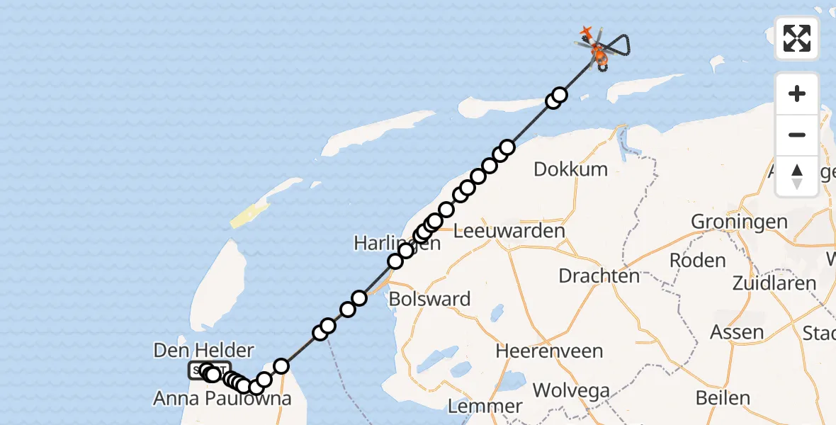 Vluchtroute Kustwachthelikopter van Militair vliegveld De Kooy / Den Helder Airport naar Noordzee