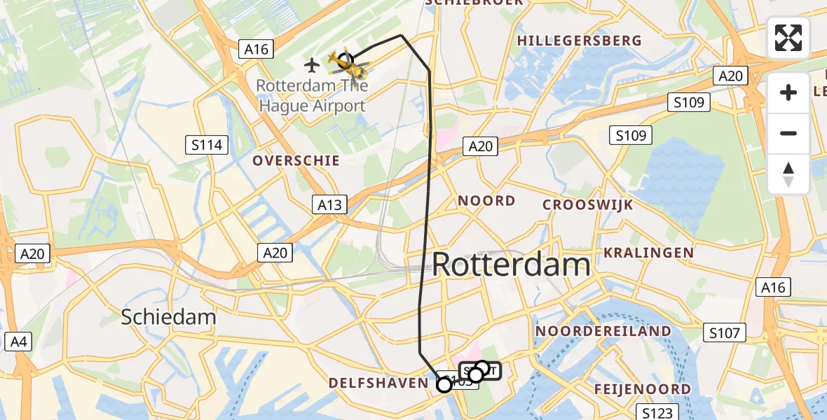 Vluchtroute Traumahelikopter van Leids Universitair Medisch Centrum (LUMC) naar Rotterdam The Hague Airport