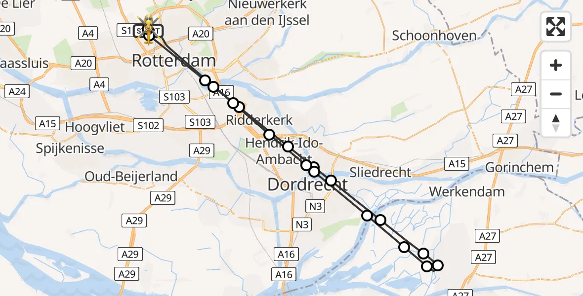 Vluchtroute Traumahelikopter van Rotterdam The Hague Airport naar Rotterdam The Hague Airport