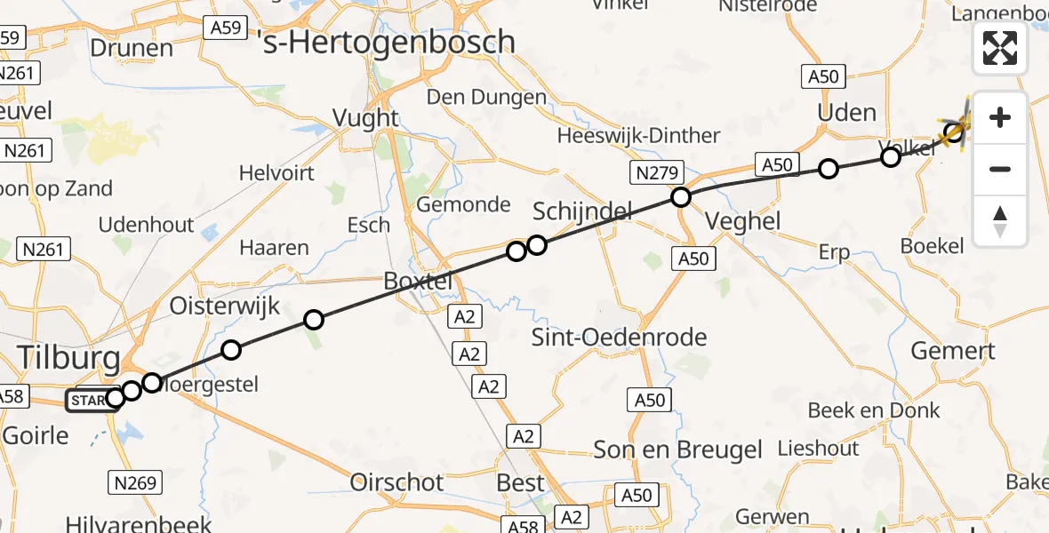 Vluchtroute Traumahelikopter van St. Elisabeth Hospital Heliport naar Vliegbasis Volkel