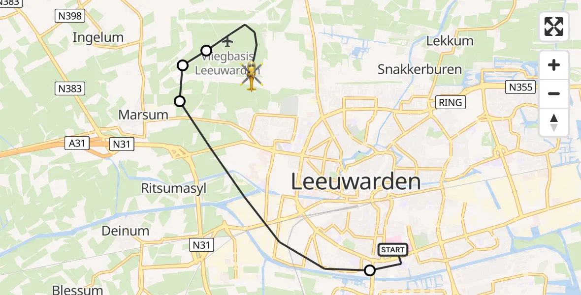 Vluchtroute Ambulancehelikopter van Leeuwarden Medical Center Heliport naar Vliegbasis Leeuwarden