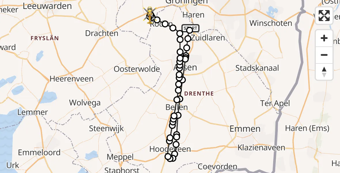 Vluchtroute Traumahelikopter van Groningen Airport Eelde naar Tolbert