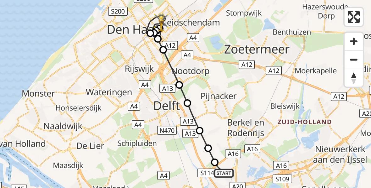 Vluchtroute Traumahelikopter van Rotterdam The Hague Airport naar 's-Gravenhage