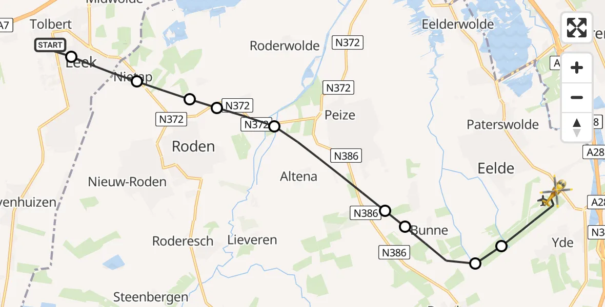 Vluchtroute Traumahelikopter van Tolbert naar Groningen Airport Eelde