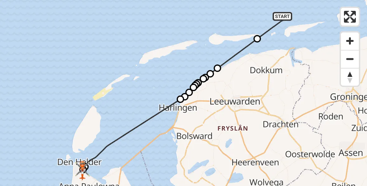 Vluchtroute Kustwachthelikopter van Noordzee naar Militair vliegveld De Kooy / Den Helder Airport