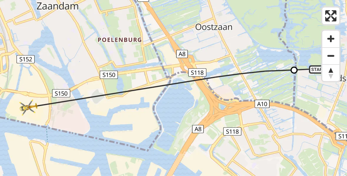 Vluchtroute Traumahelikopter van Landsmeer naar Zaandam