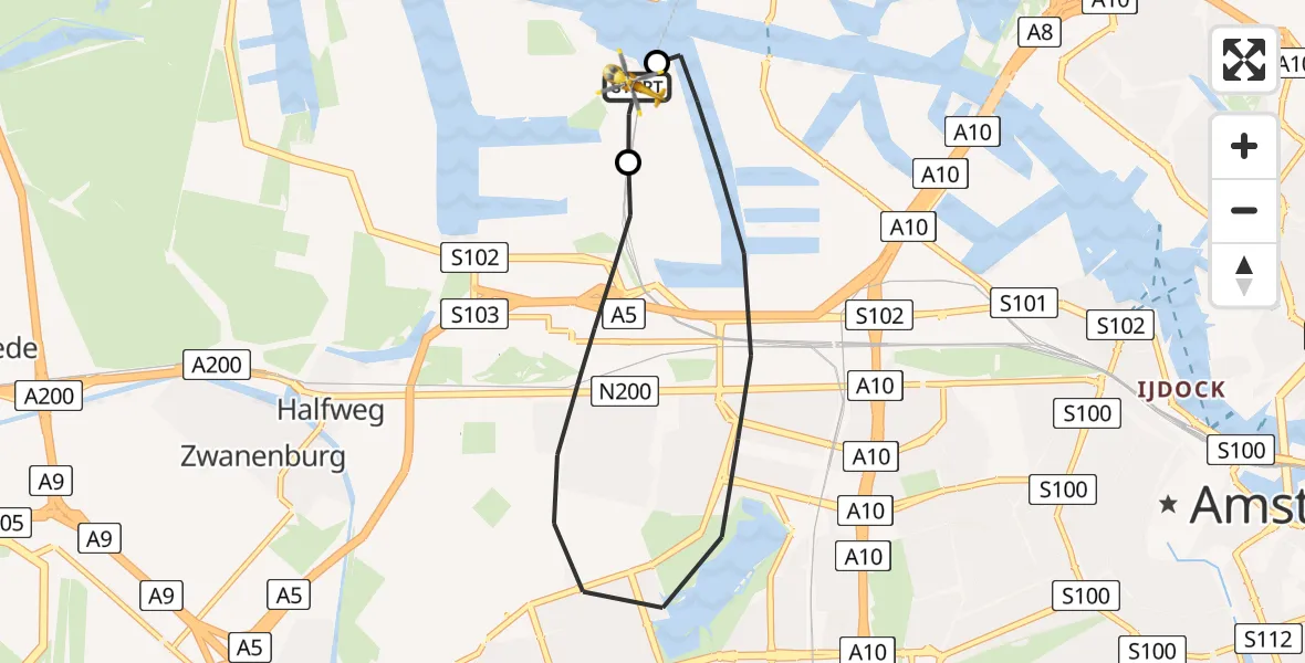Vluchtroute Traumahelikopter van Amsterdam Heliport naar Amsterdam Heliport