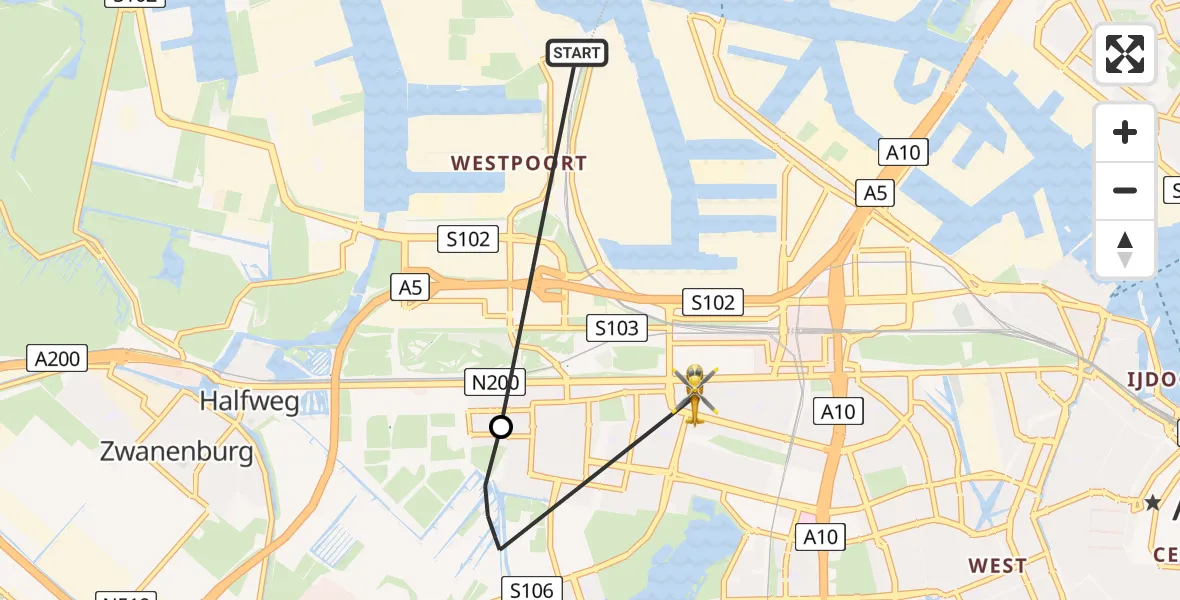 Vluchtroute Traumahelikopter van Amsterdam Heliport naar Amsterdam