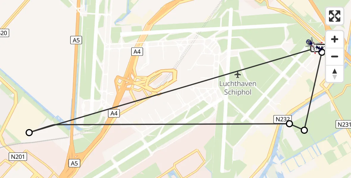 Vluchtroute Politiehelikopter van Amsterdam Vliegveld Schiphol naar Amsterdam Vliegveld Schiphol