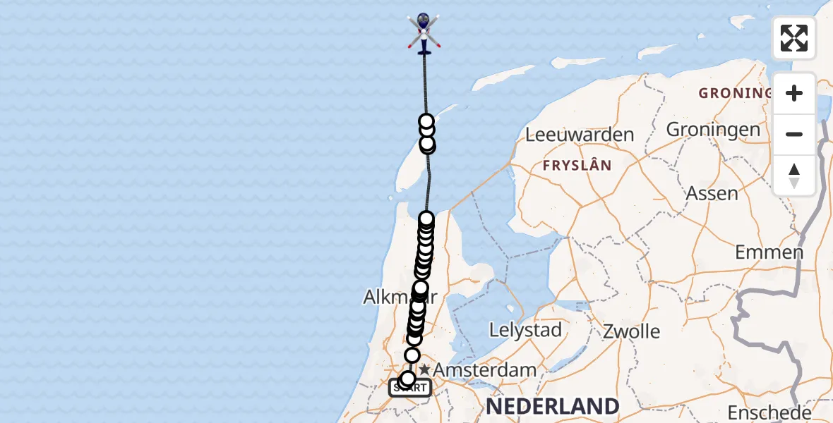 Vluchtroute Politiehelikopter van Amsterdam Vliegveld Schiphol naar Noordzee