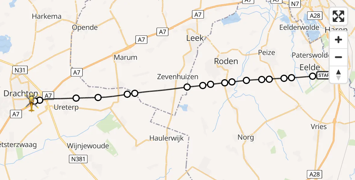 Vluchtroute Traumahelikopter van Groningen Airport Eelde naar Nij Smellinghe Hospital Heliport