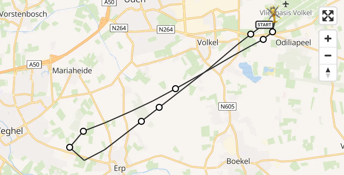 Vluchtroute Traumahelikopter van Vliegbasis Volkel naar Vliegbasis Volkel