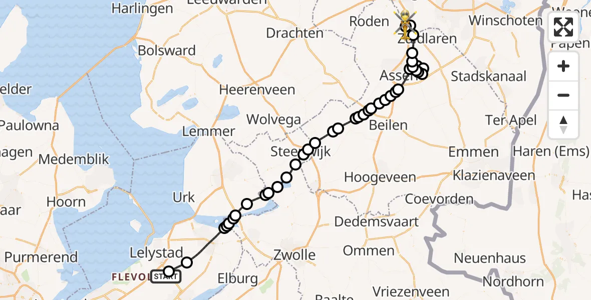 Vluchtroute Traumahelikopter van Lelystad Airport naar Groningen Airport Eelde