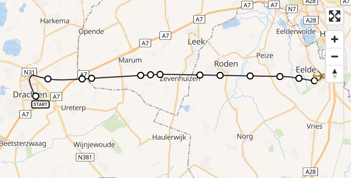 Vluchtroute Traumahelikopter van Nij Smellinghe Hospital Heliport naar Groningen Airport Eelde