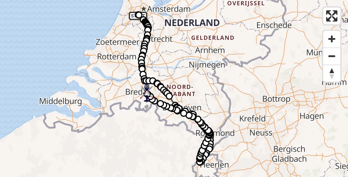 Vluchtroute Politiehelikopter van Amsterdam Vliegveld Schiphol naar Vliegbasis Gilze Rijen