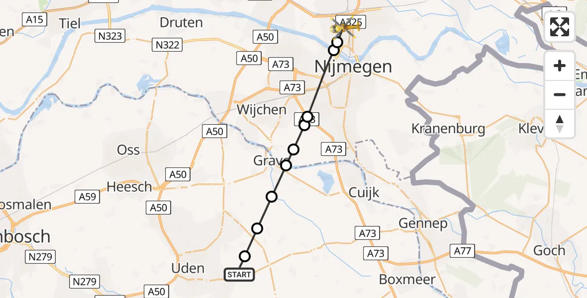 Vluchtroute Traumahelikopter van Vliegbasis Volkel naar Nijmegen