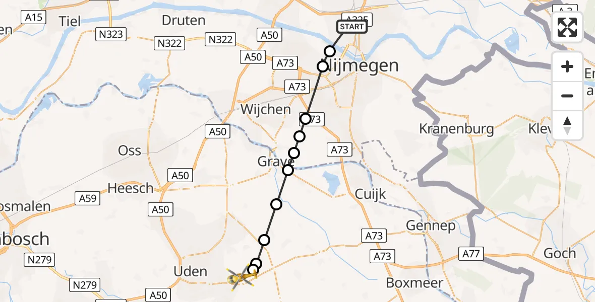 Vluchtroute Traumahelikopter van Nijmegen naar Vliegbasis Volkel