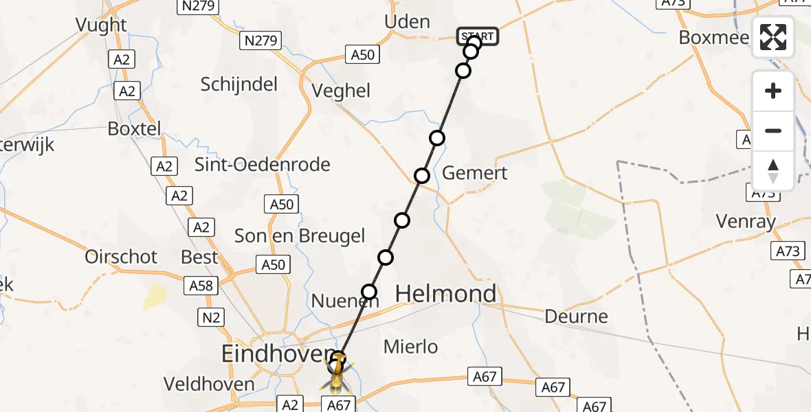 Vluchtroute Traumahelikopter van Vliegbasis Volkel naar Geldrop