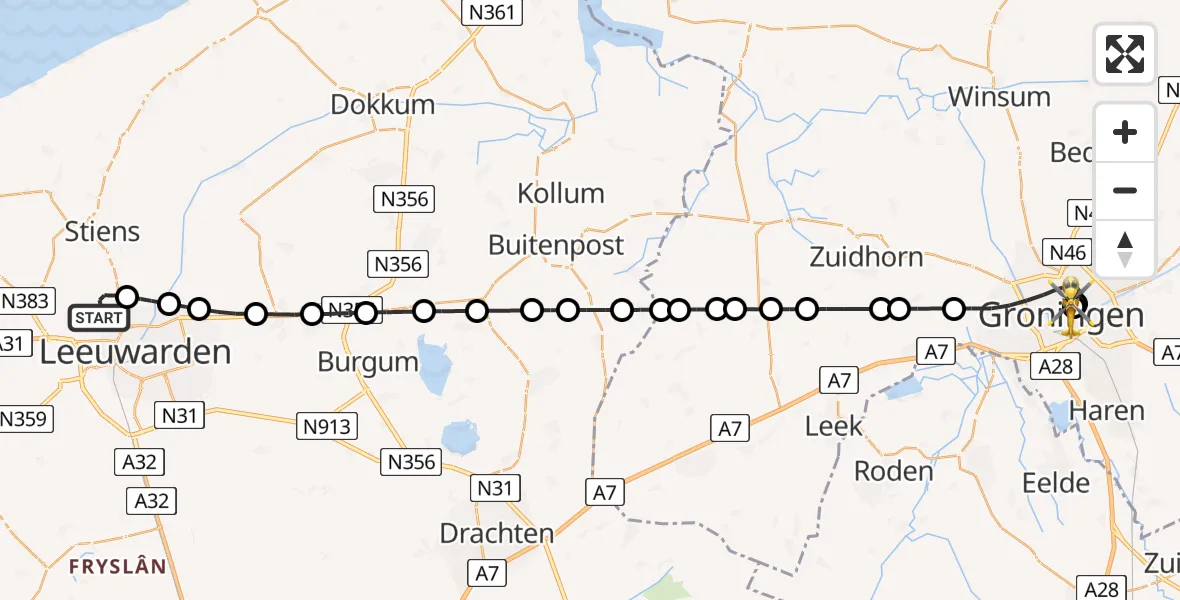 Vluchtroute Ambulancehelikopter van Vliegbasis Leeuwarden naar Universitair Medisch Centrum Groningen