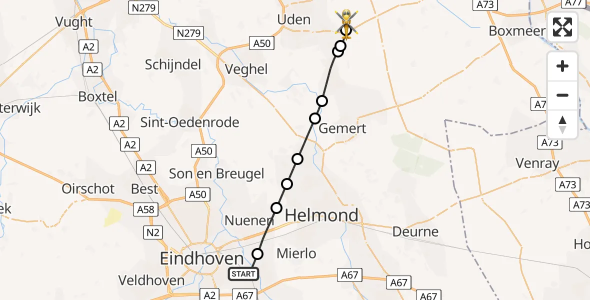 Vluchtroute Traumahelikopter van Geldrop naar Vliegbasis Volkel