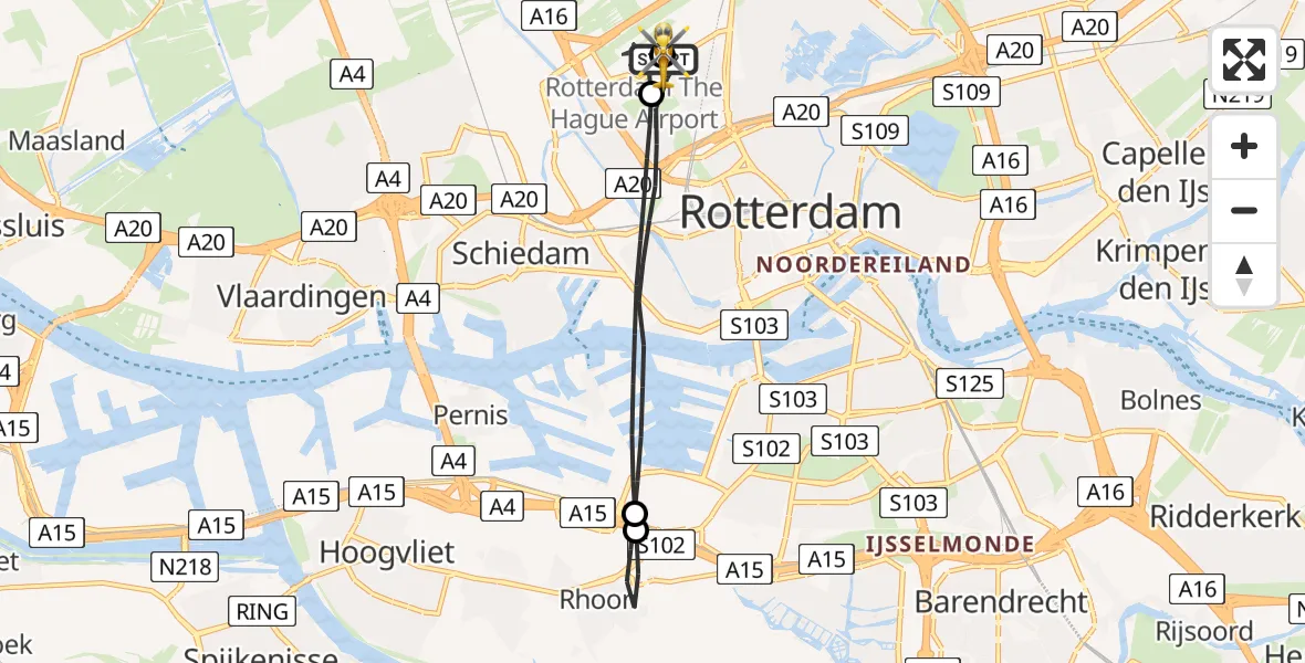 Vluchtroute Traumahelikopter van Rotterdam The Hague Airport naar Rotterdam The Hague Airport
