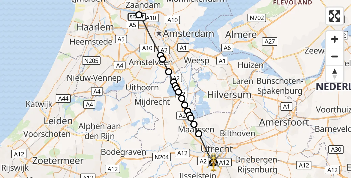 Vluchtroute Traumahelikopter van Amsterdam Heliport naar Utrecht