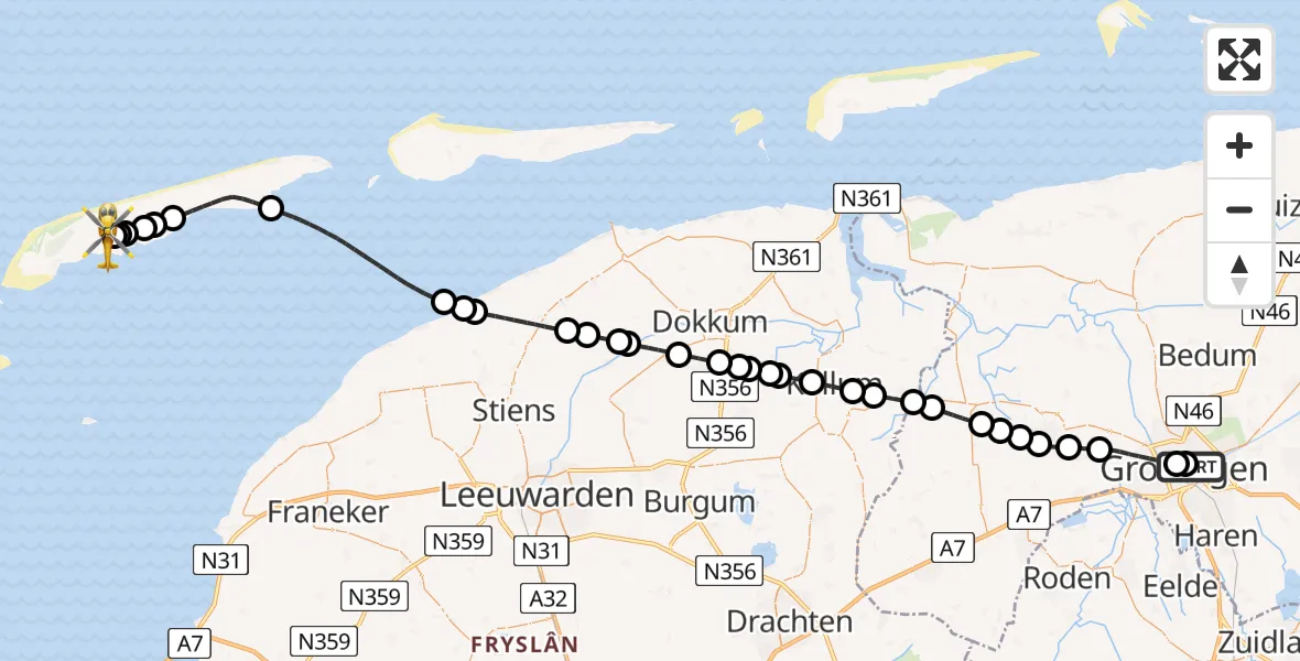 Vluchtroute Ambulancehelikopter van Universitair Medisch Centrum Groningen naar Terschelling Heliport