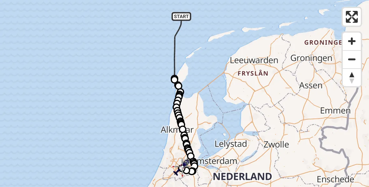Vluchtroute Politiehelikopter van Noordzee naar Amsterdam Vliegveld Schiphol