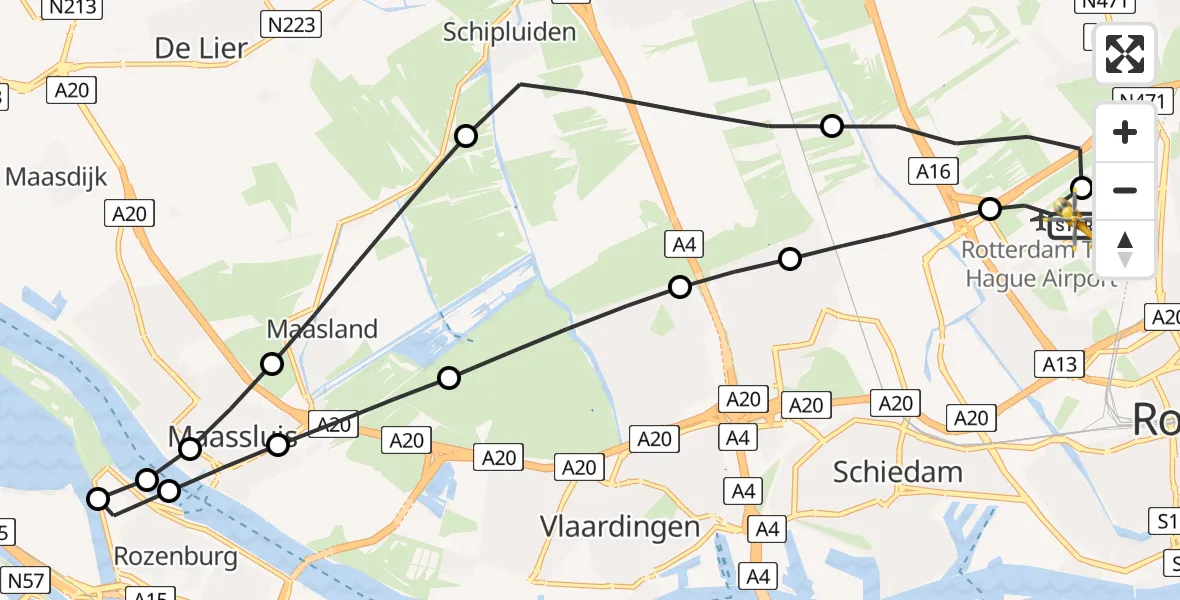 Vluchtroute Traumahelikopter van Rotterdam The Hague Airport naar Rotterdam The Hague Airport