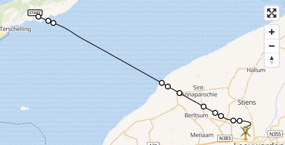 Vluchtroute Ambulancehelikopter van Terschelling Heliport naar Vliegbasis Leeuwarden