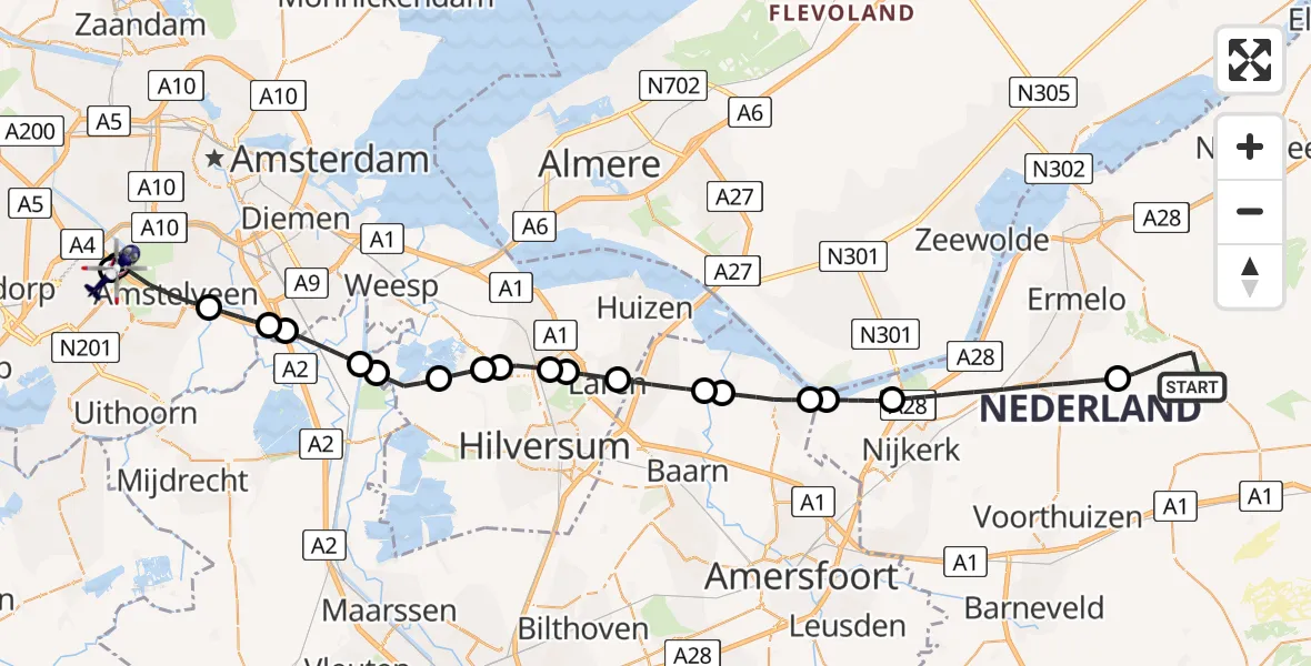 Vluchtroute Politiehelikopter van Ermelo naar Amsterdam Vliegveld Schiphol