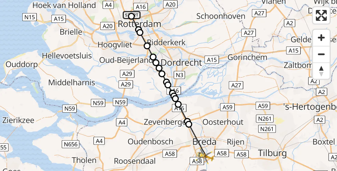 Vluchtroute Traumahelikopter van Rotterdam The Hague Airport naar Breda