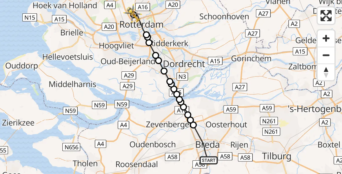 Vluchtroute Traumahelikopter van Breda naar Rotterdam The Hague Airport
