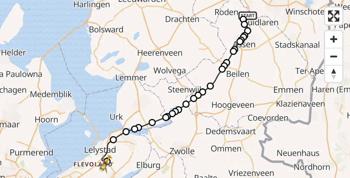 Vluchtroute Traumahelikopter van Groningen Airport Eelde naar Lelystad Airport