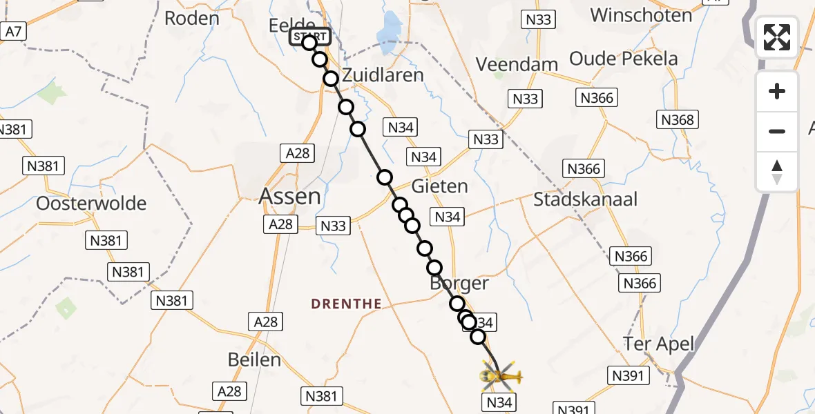 Vluchtroute Traumahelikopter van Groningen Airport Eelde naar Odoorn
