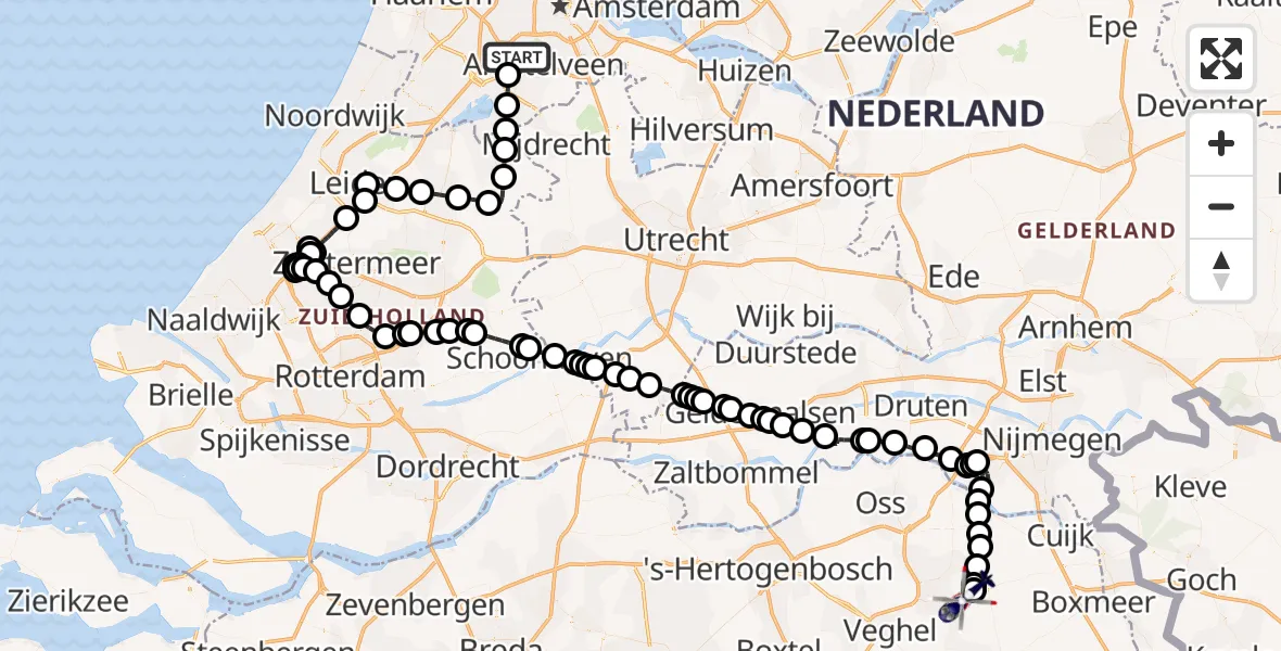 Vluchtroute Politiehelikopter van Amsterdam Vliegveld Schiphol naar Vliegbasis Volkel