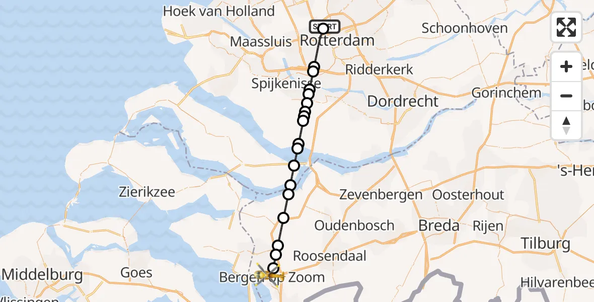 Vluchtroute Traumahelikopter van Rotterdam The Hague Airport naar Bergen op Zoom